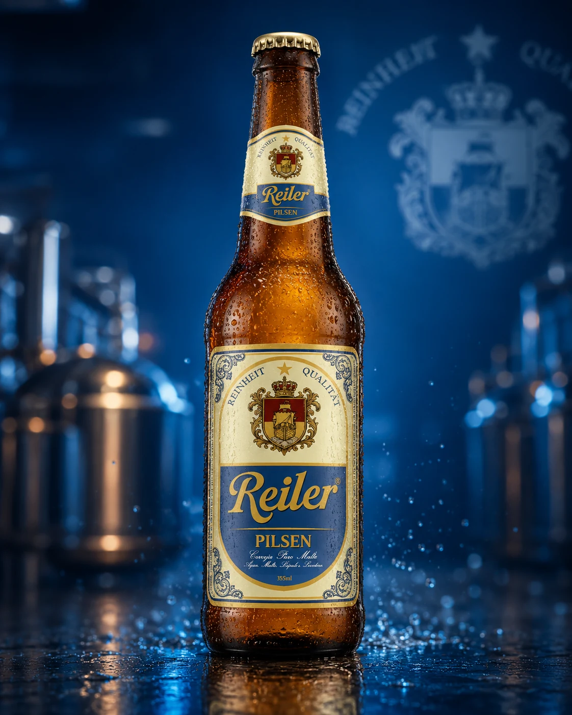 Long neck Reiler Pilsen com fundo azul